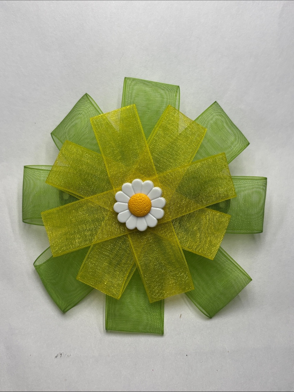 Green and Yellow Daisy Ribbon Hair Bow with White Center